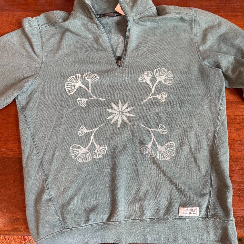 Eddie Bauer Light Teal Floral Gingko Leaf Printed Half-Zip Pullover Sweatshirt - Picture 2 of 9